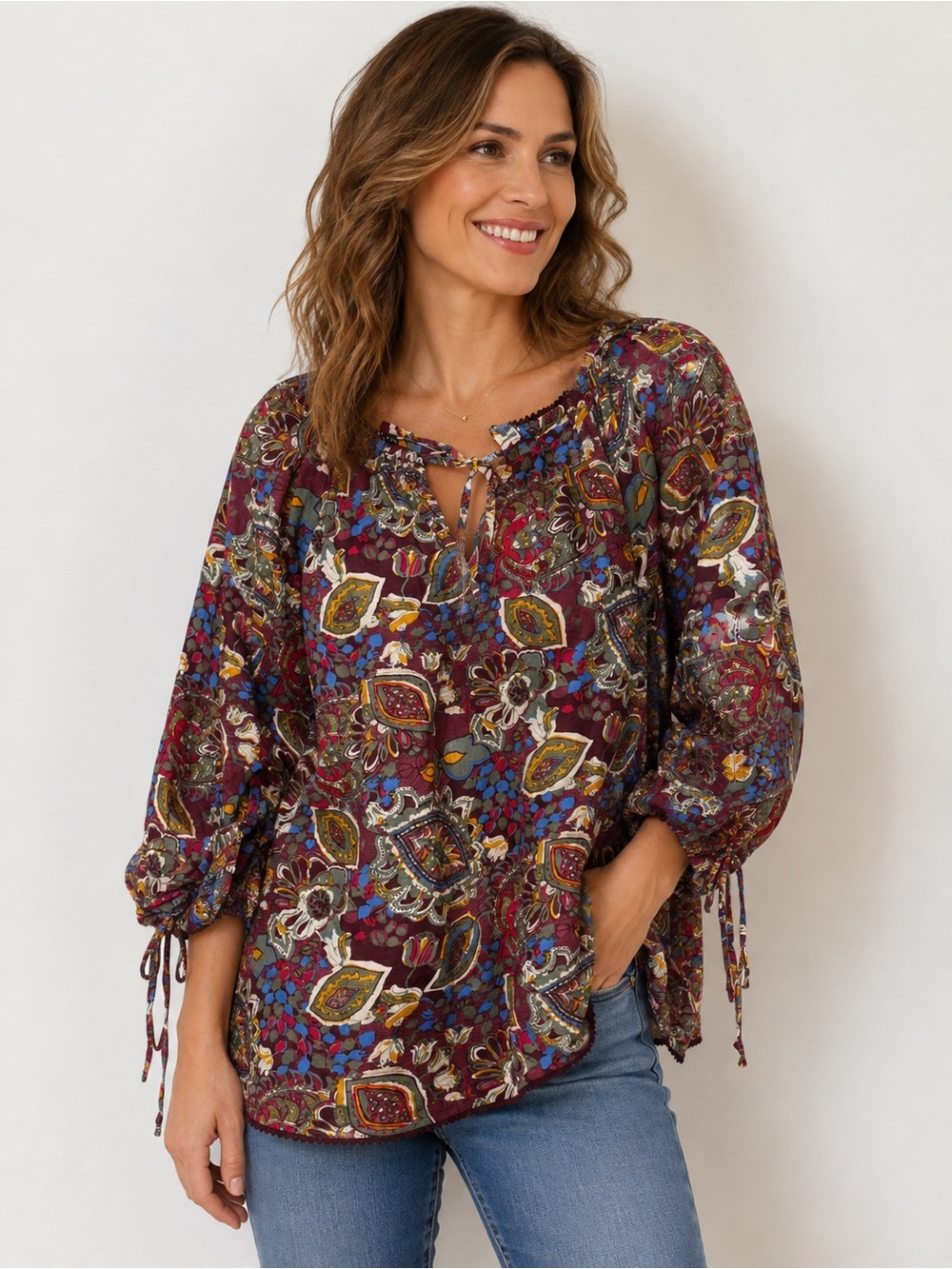 Sundance Catalog Boho Cottagecore Paisley Ruffle Blouse Smocked Sleeves Size L
